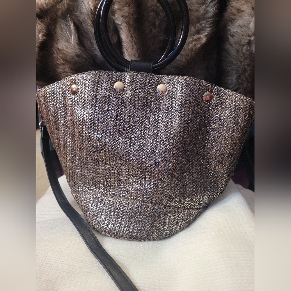 Metallic Black Woven Shoulder Bag with Circular Handle